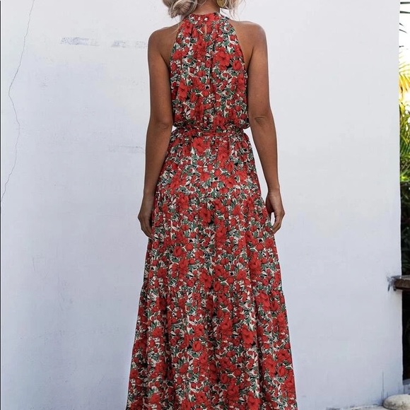 09 Boho Chic red Floral print Fabulous halter dress - Picture 4 of 5